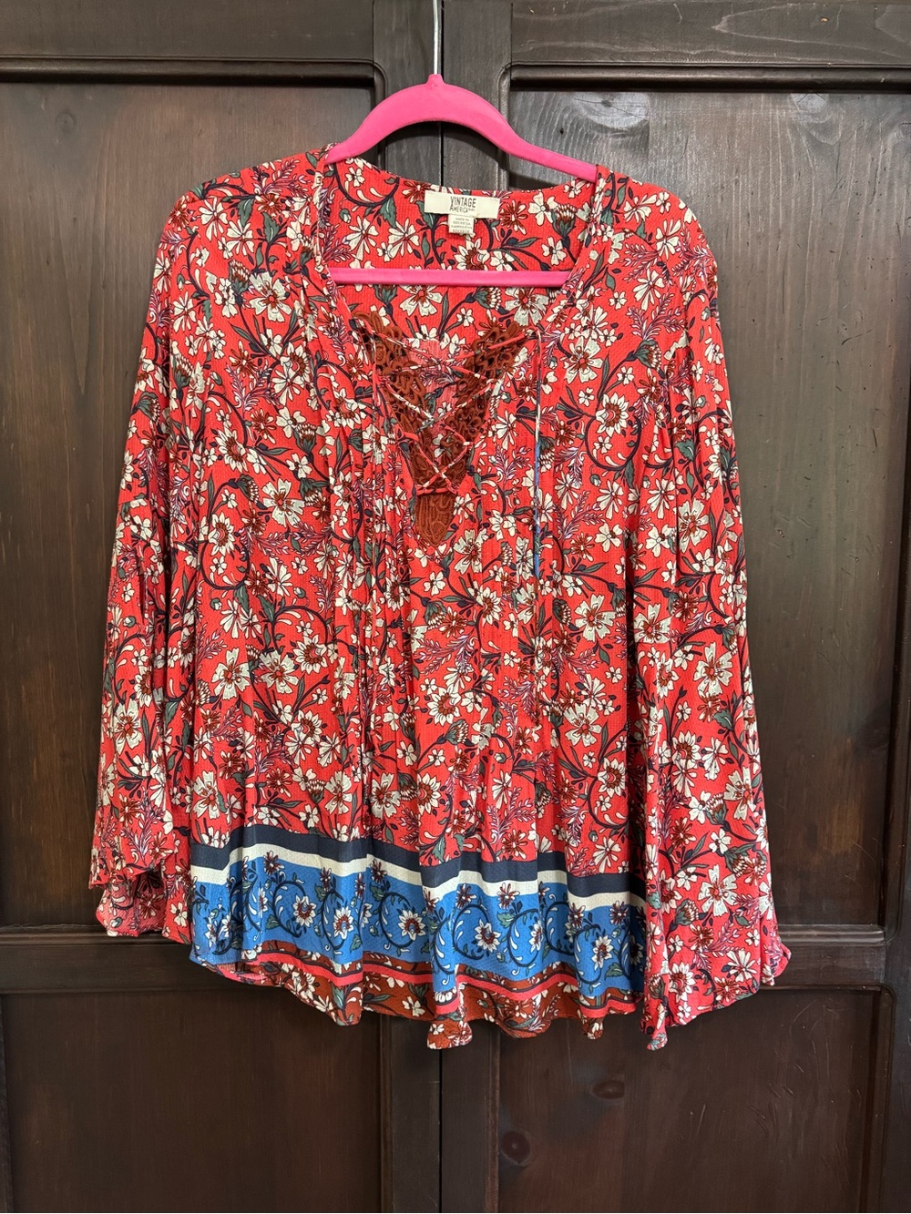Vintage America Red Floral Lace-Up Boho Tunic with Blue Border size Large